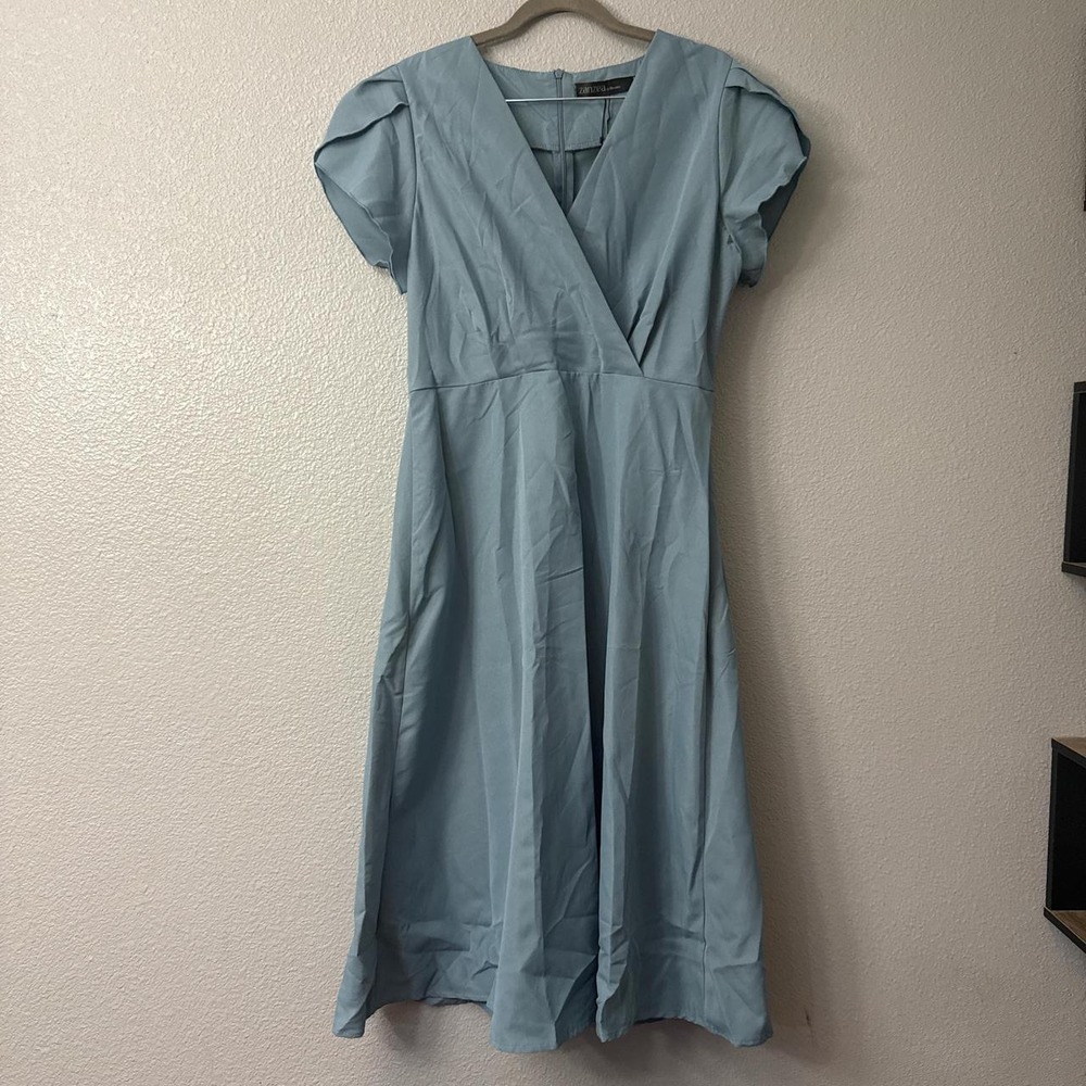 Zanzea Blue Midi Dress with Cap Sleeves and V-Neckline